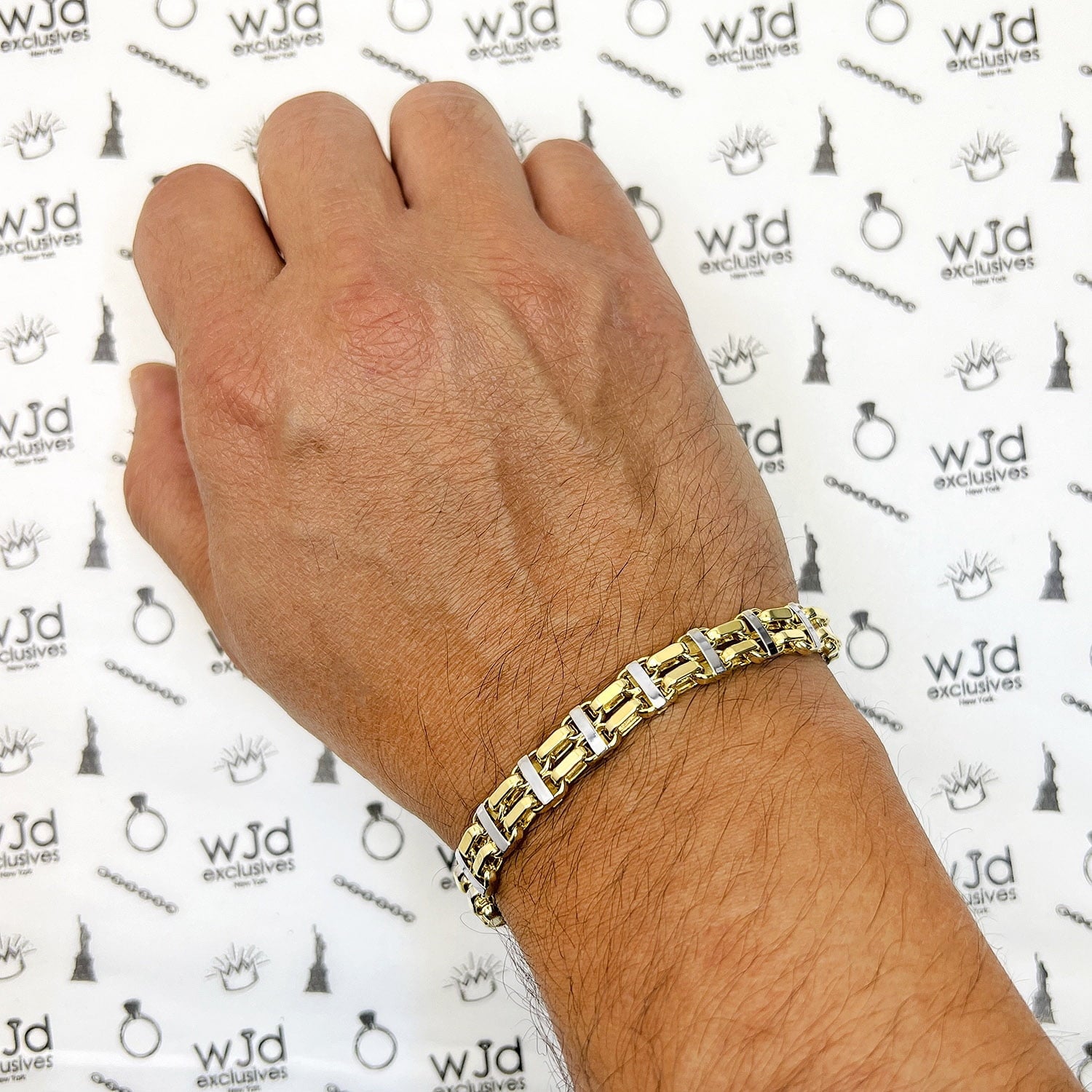 14K Two-Tone Yellow White Gold 8.5Mm Hollow Bike Double Rolo Bracelet 8.75"