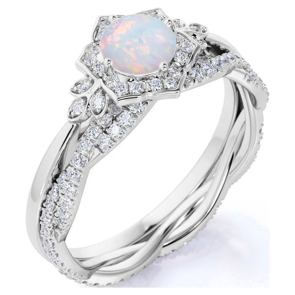 1.75 Ct Genuine round Blue Opal and Moissanite Bridal Ring Set in 18K White Gold over Silver
