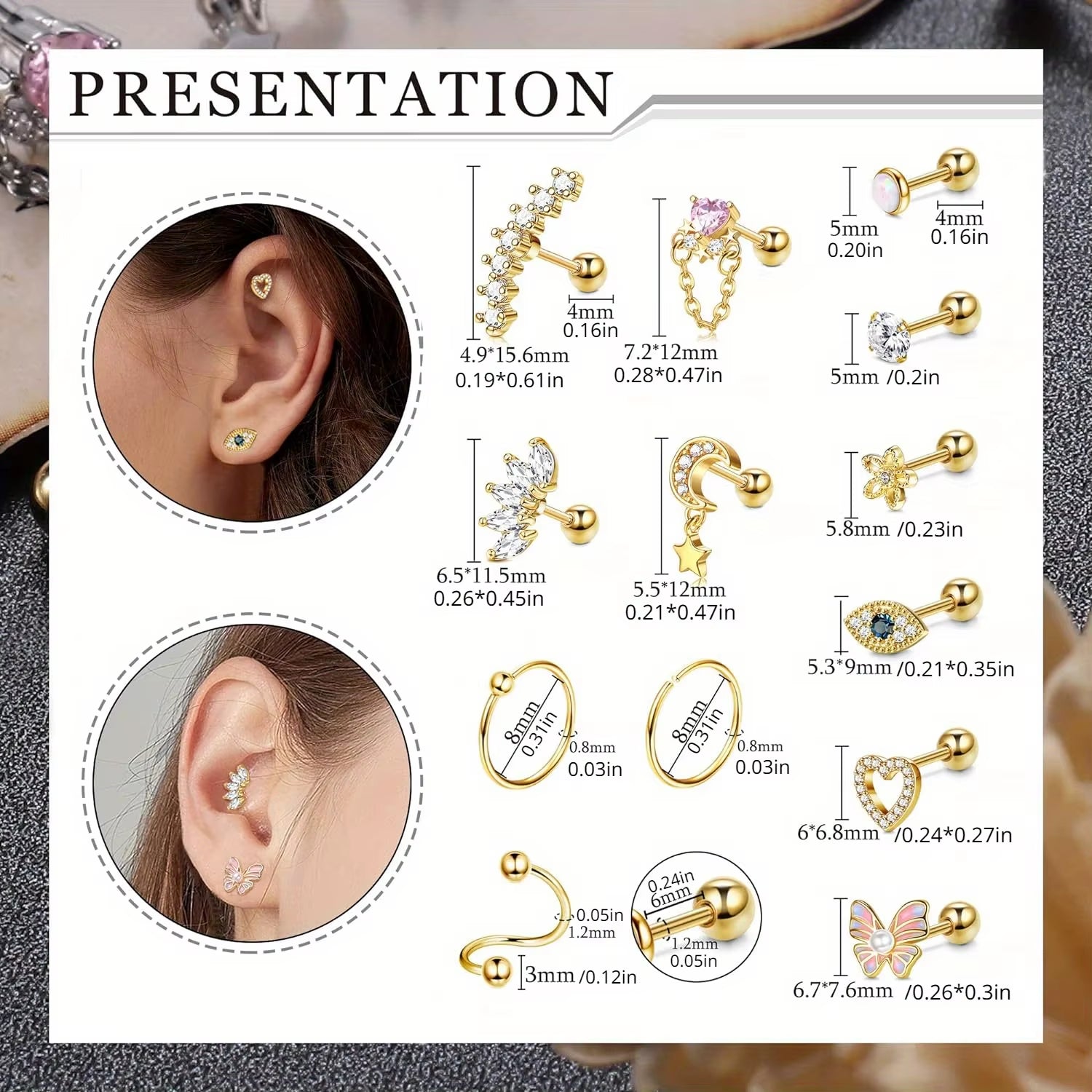 1Pc Stainless Steel 16G Cartilage Earrings Stud Hypollergenic Stainless Steel Stud Earrings Butterfly Heart Piercing