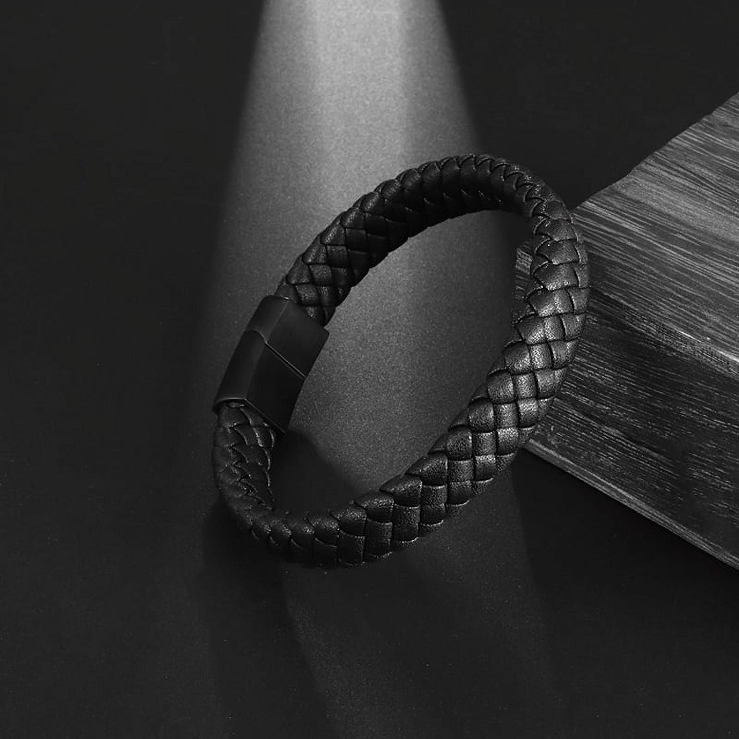 UISHUSO Men'S Braided Genuine Leather Bracelet with Stainless Steel Magnetic Closure
