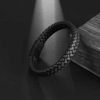 UISHUSO Men'S Braided Genuine Leather Bracelet with Stainless Steel Magnetic Closure