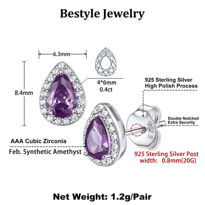 925 Sterling Silver Birthstone Stud Earrings for Women, Sparking February Teardrop Cut Diamond Earrings for Sensitive Ears