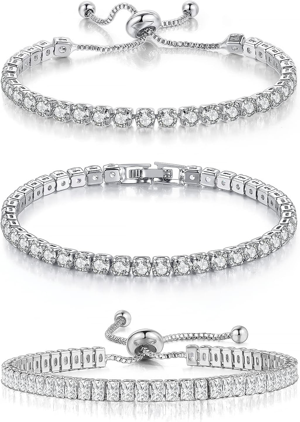 3 Pcs Tennis Bracelets for Women 14K Gold Plated 4Mm 5A+ Cubic Zirconia CZ Diamond Classic Adjustable Slider Bracelet Fashion Jewelry Wedding Gift Size 6.5-7.5 Inch