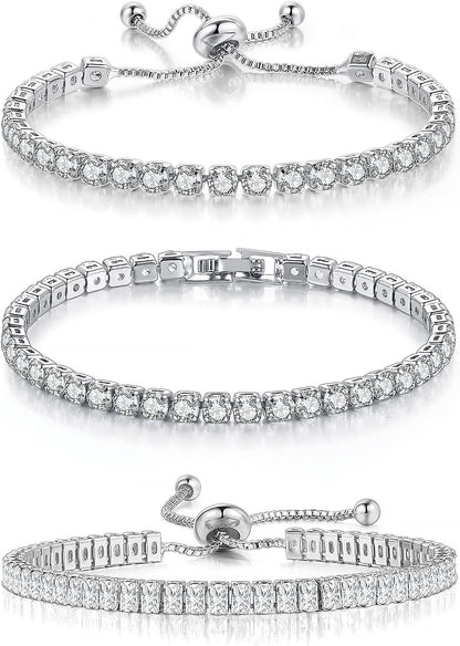 3 Pcs Tennis Bracelets for Women 14K Gold Plated 4Mm 5A+ Cubic Zirconia CZ Diamond Classic Adjustable Slider Bracelet Fashion Jewelry Wedding Gift Size 6.5-7.5 Inch