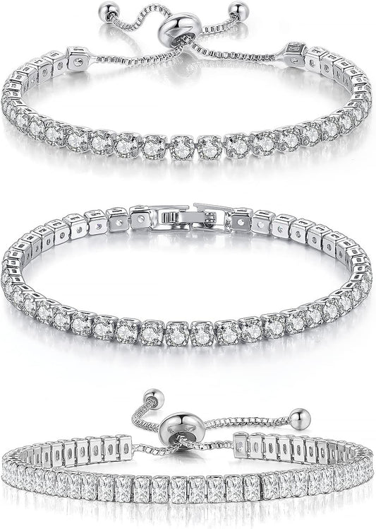 3 Pcs Tennis Bracelets for Women 14K Gold Plated 4Mm 5A+ Cubic Zirconia CZ Diamond Classic Adjustable Slider Bracelet Fashion Jewelry Wedding Gift Size 6.5-7.5 Inch