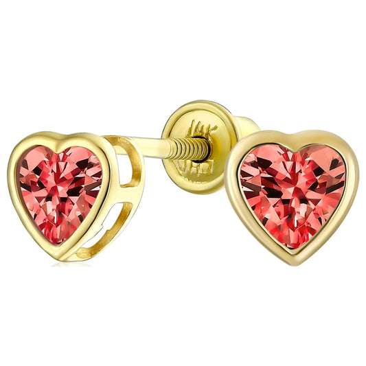Womens Tiny Dark Red Bezel Set Heart CZ Stud Earrings Real 14K Yellow Gold Screw Back