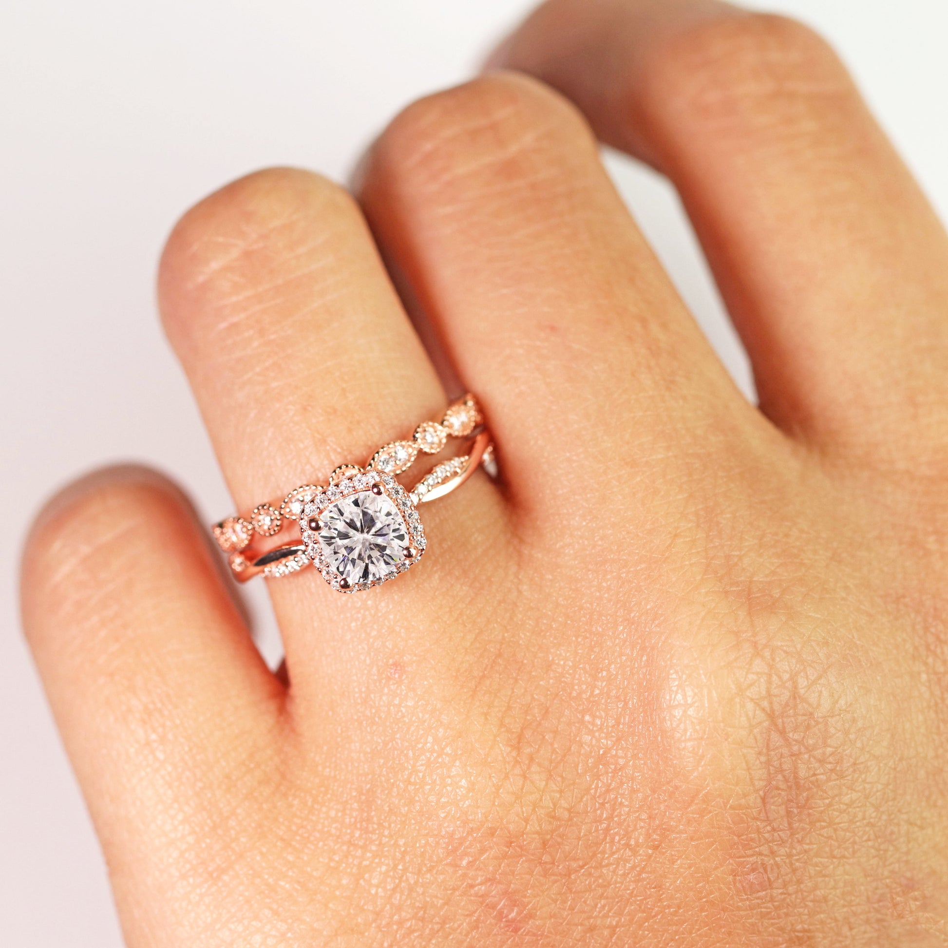 Art Deco Ring 1.75 Carat Cushion Cut Moissanite Wedding Set in 18K Rose Gold over Silver