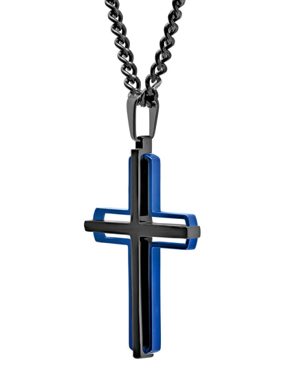 Men'S Stainless Steel Black & Blue Stacked Cross Pendant Necklace