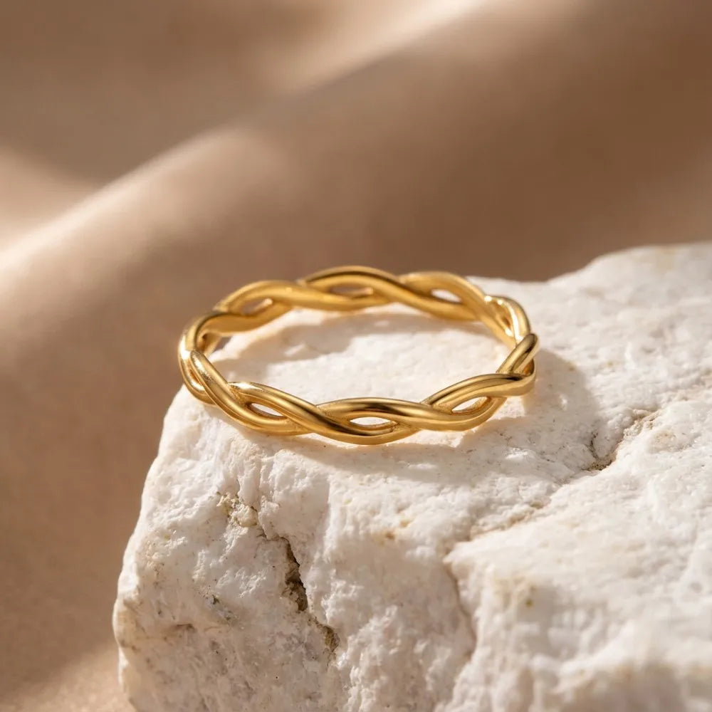 Twisted Woven Stainless Steel Rings for Women 18K Gold Plated Engagement Anniversary Jewelry Accessories