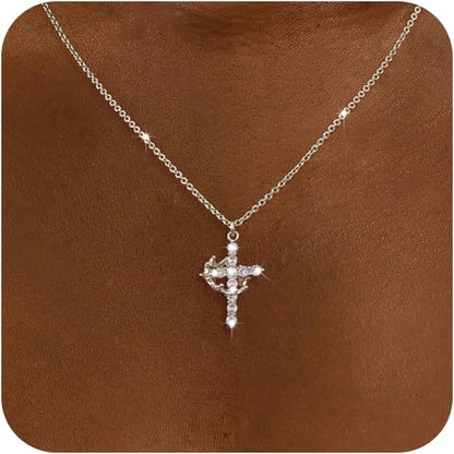 Crown Cross Necklace - Dainty Sterling Silver/14K Gold Cubic Zirconia Pendant