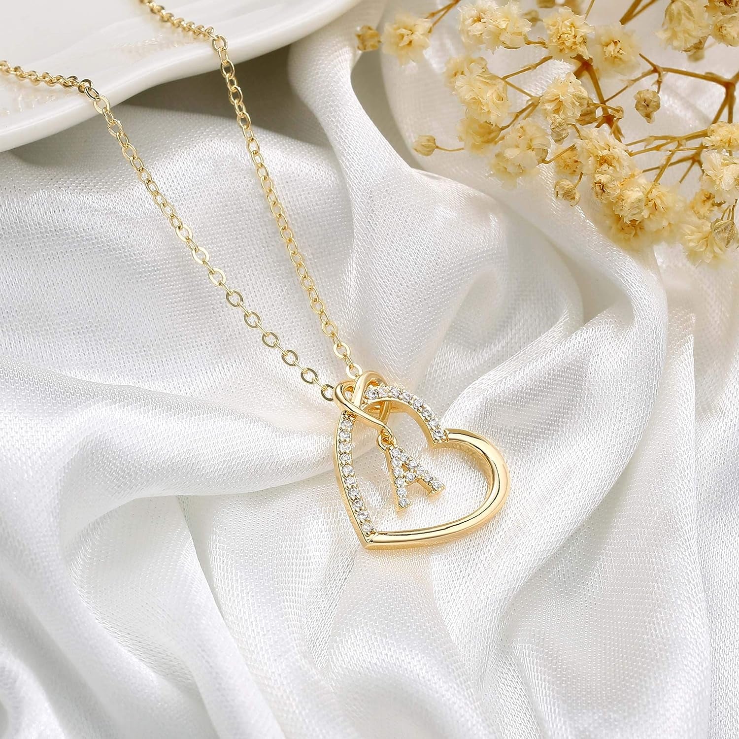 Heart Initial Necklaces for Girls Teen Women, 14K Gold Plated Cubic Zirconia Heart Pendant Necklace, Dainty Initial Heart Necklace Letter a - Z Jewelry Gifts for Girls Women