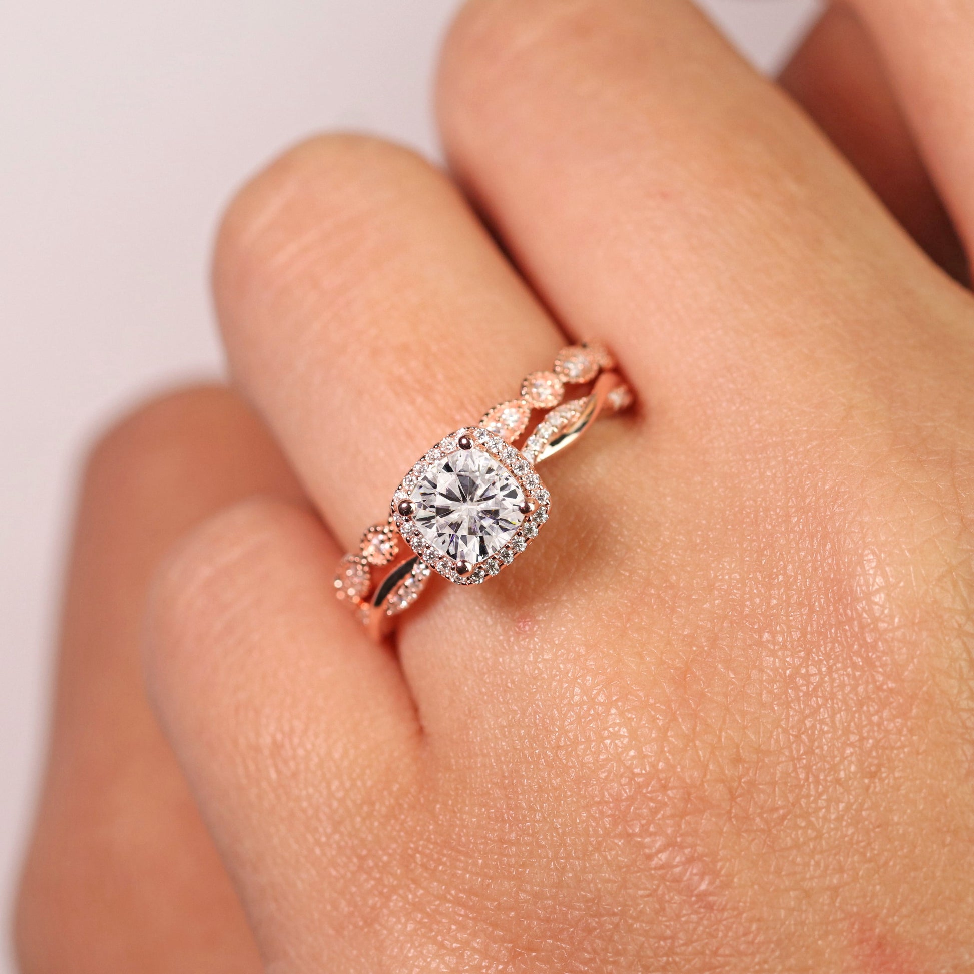 Art Deco Ring 1.75 Carat Cushion Cut Moissanite Wedding Set in 18K Rose Gold over Silver