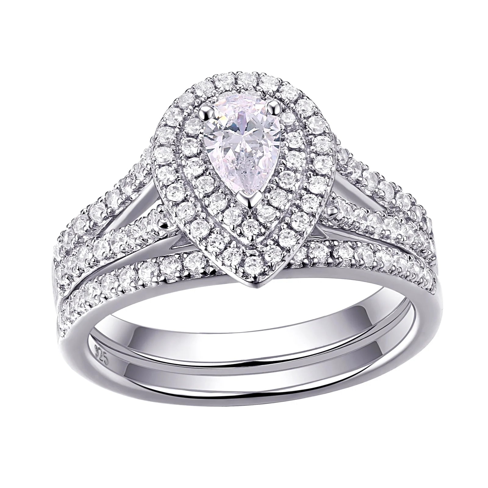 Newshe Wedding Rings for Women Engagement Ring Set 925 Sterling Silver 1.3Ct Pear White Cz Size 9