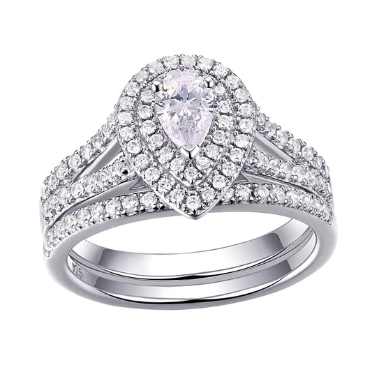 Newshe Wedding Rings for Women Engagement Ring Set 925 Sterling Silver 1.3Ct Pear White Cz Size 9