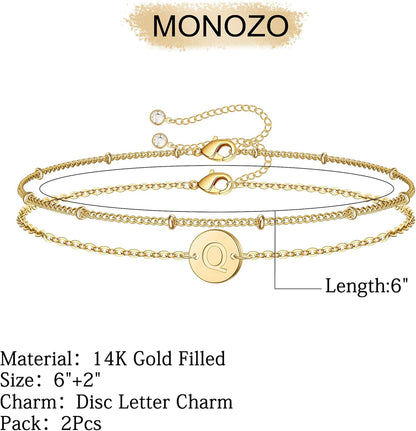 Gold Initial Bracelets for Women - Dainty 14K Gold Plated Layered Beaded Letter Initial Bracelet Personalized 26 Alphabet Disc Monogram Charm Bracelet Jewelry Gifts for Women