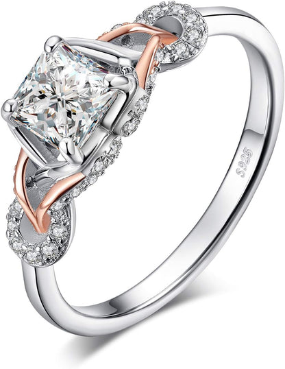 Love Infinity Ring Engagement Rings for Women, 14K Rose Gold 925 Sterling Silver Cubic Zirconia Promise Rings for Her, Anniversary Knot Princess Cut Promise Ring Simulated Diamond Ring