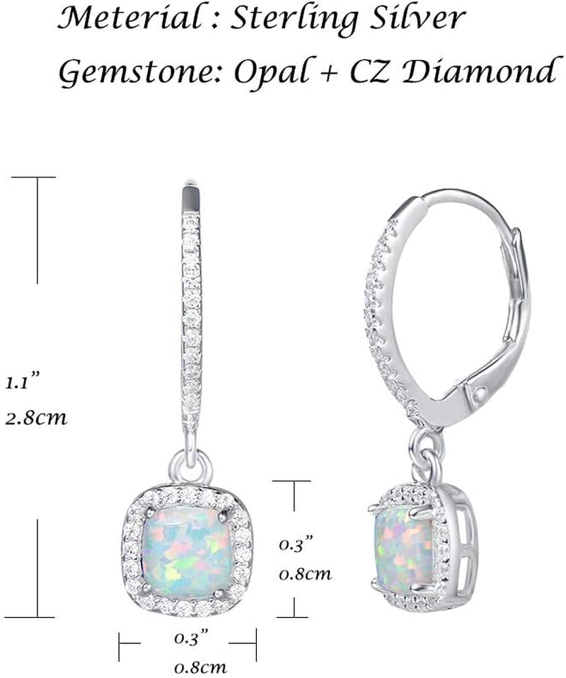 Lever Back Earrings Created Opal October Birthstone Earrings Sterling Silver White Fire Opal Halo Cubic Zirconia Square French Back Earrings Jewelry for Women