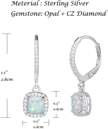 Lever Back Earrings Created Opal October Birthstone Earrings Sterling Silver White Fire Opal Halo Cubic Zirconia Square French Back Earrings Jewelry for Women