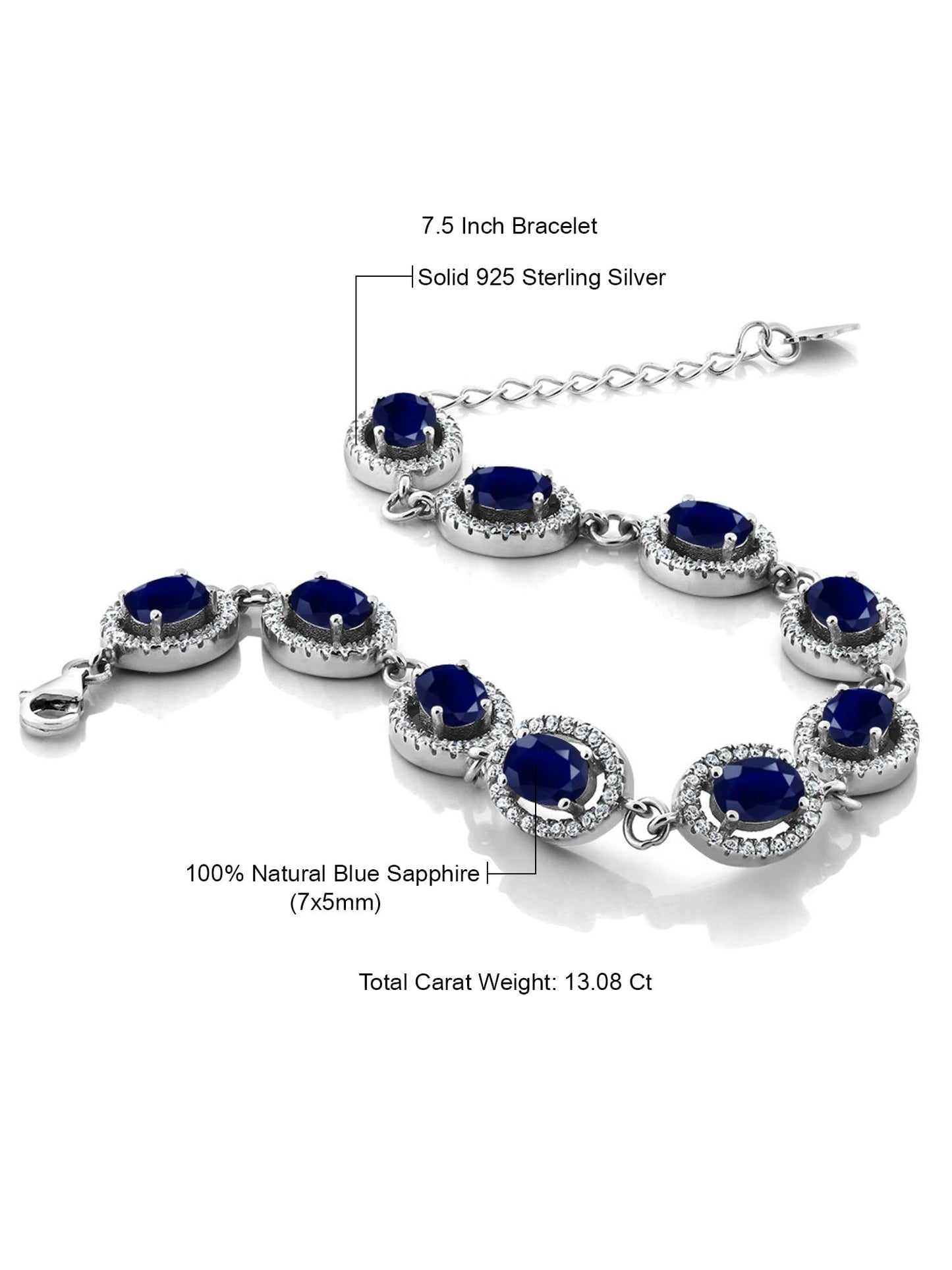 925 Sterling Silver Blue Sapphire Tennis Bracelet for Women | 13.08 Cttw | Gemstone September Birthstone | Oval 7X5MM | 7.5 Inch