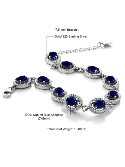 925 Sterling Silver Blue Sapphire Tennis Bracelet for Women | 13.08 Cttw | Gemstone September Birthstone | Oval 7X5MM | 7.5 Inch