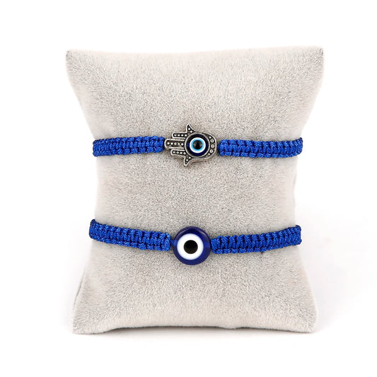 2PCS Blue Evil Eye Couple Bracelet Sets for Woman Men Charm Palm Resin Bead Rope Chain Lucky Bracelets Friendship Jewelry Gift