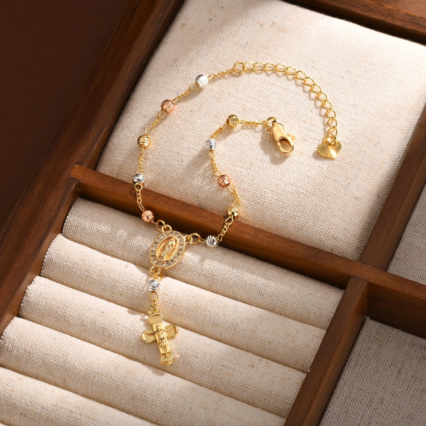 Virgin Mary Rosary Bracelet for Women, 14K Gold Plated Inspirational Jesus Cross Charm Virgen De Guadalupe Bracelet, Adjustable Christian Faith Bead Link Chain Bracelets Religious Jewelry Gifts