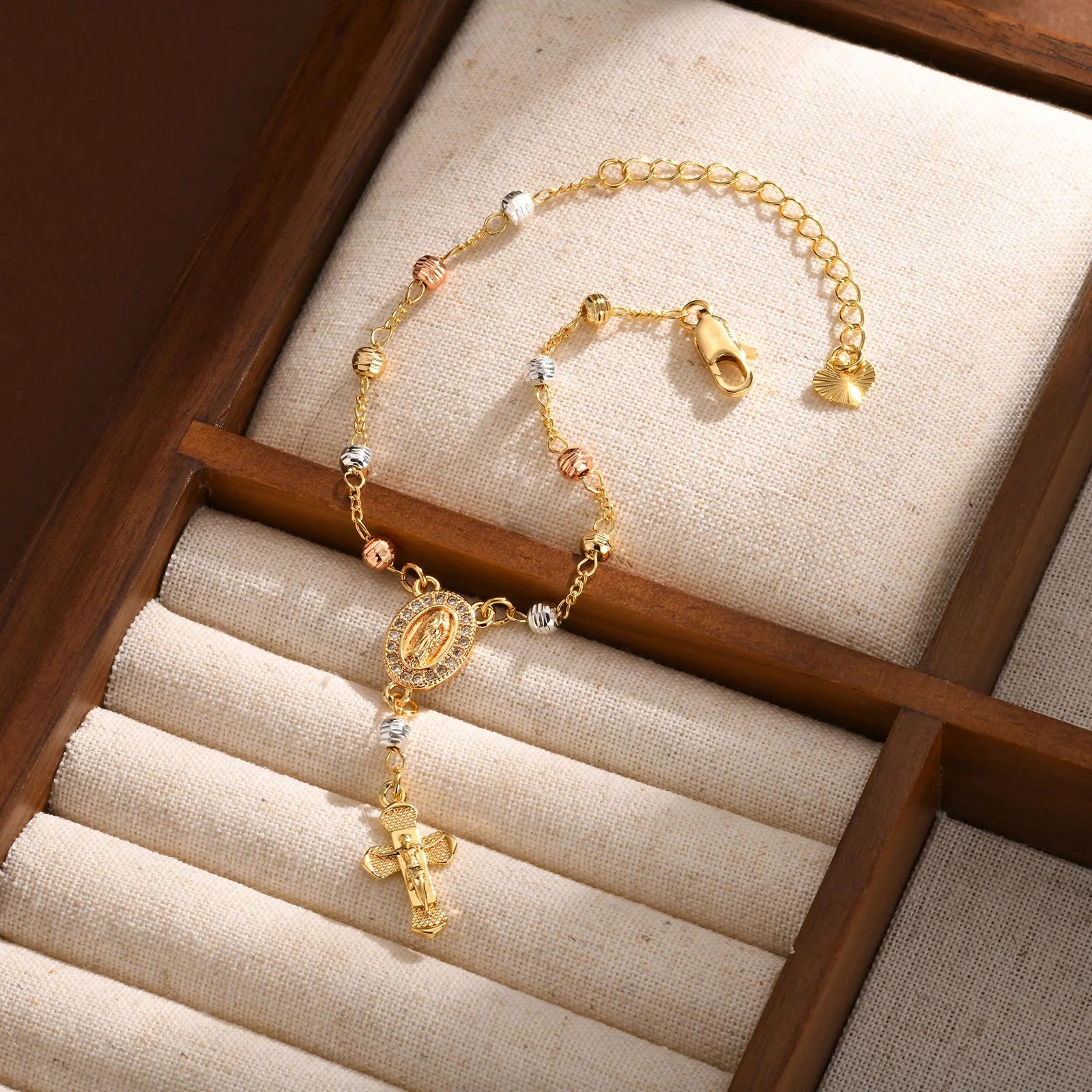 Virgin Mary Rosary Bracelet for Women, 14K Gold Plated Inspirational Jesus Cross Charm Virgen De Guadalupe Bracelet, Adjustable Christian Faith Bead Link Chain Bracelets Religious Jewelry Gifts