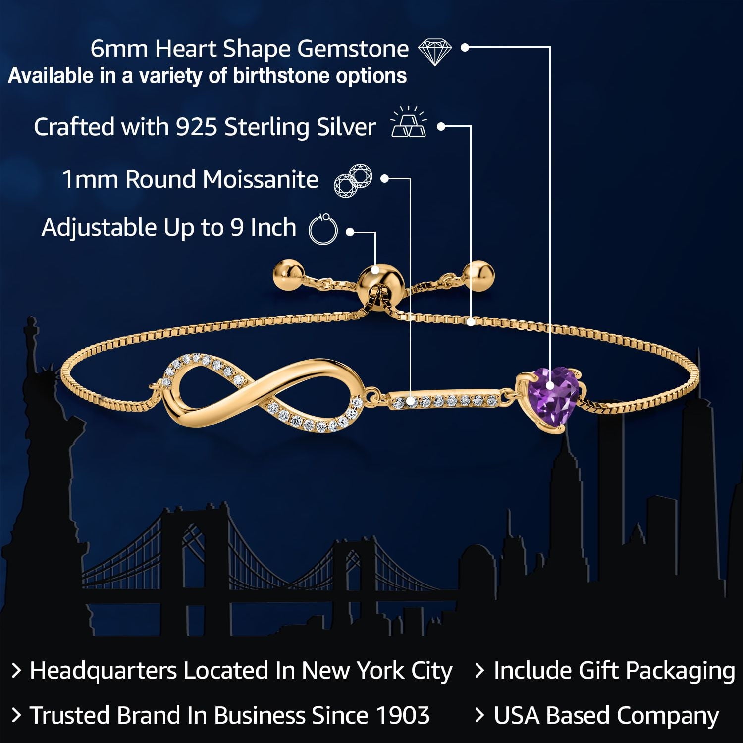 18K Yellow Gold Plated Silver Infinity Bracelet for Women with Heart Amethyst and Moissanite (0.93 Cttw, Box Chain Fully Adjustable up to 9 Inch)