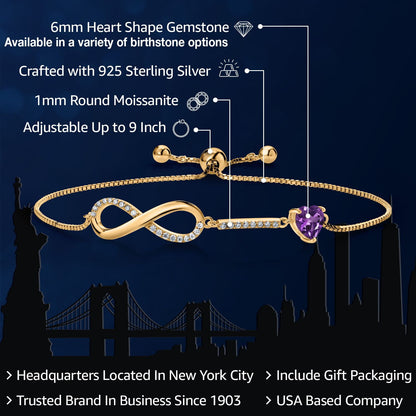 18K Yellow Gold Plated Silver Infinity Bracelet for Women with Heart Amethyst and Moissanite (0.93 Cttw, Box Chain Fully Adjustable up to 9 Inch)