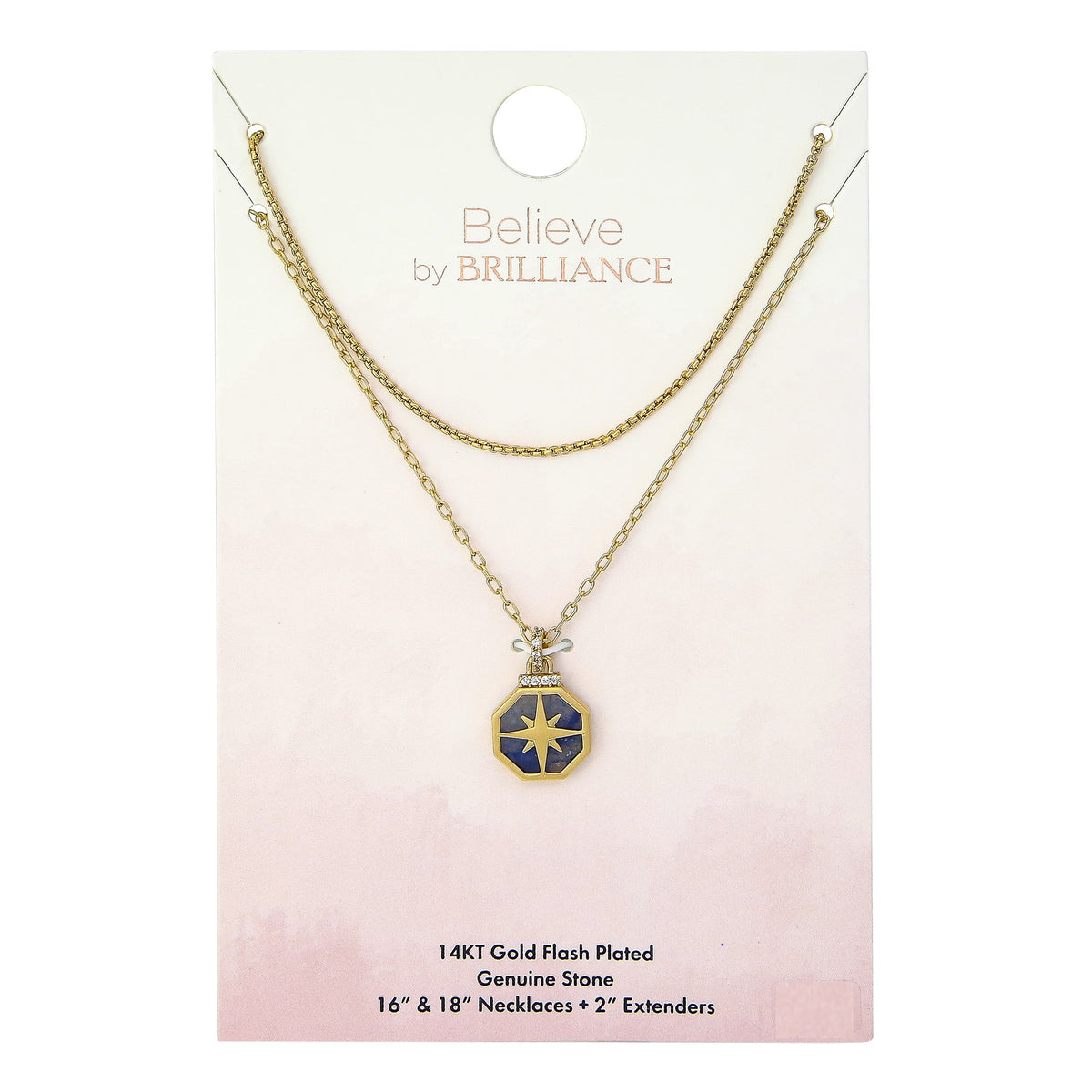 14KT Gold Flash Plated Double Necklace Set with Genuine Stone Adult