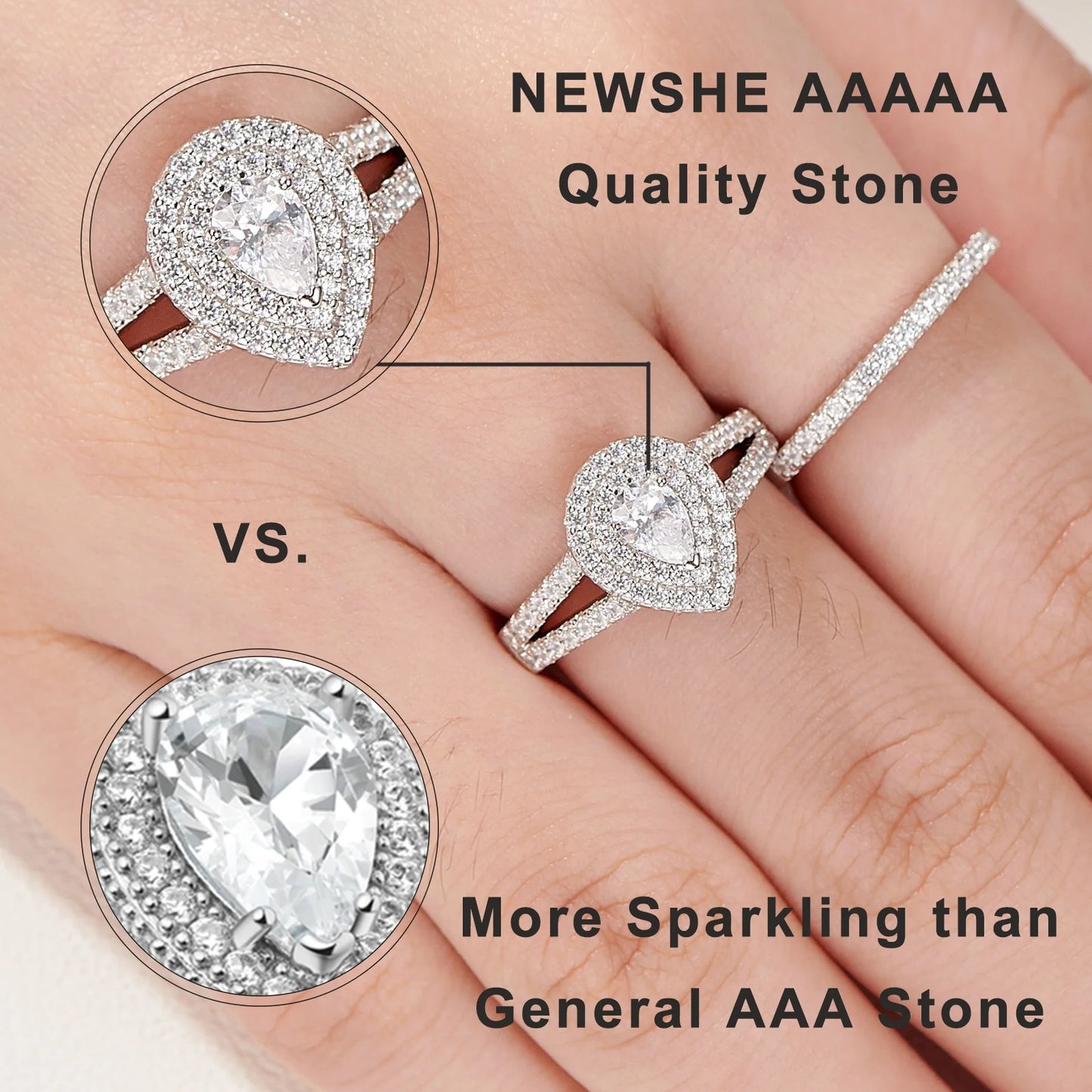 Newshe Wedding Rings for Women Engagement Ring Set 925 Sterling Silver 1.3Ct Pear White Cz Size 9
