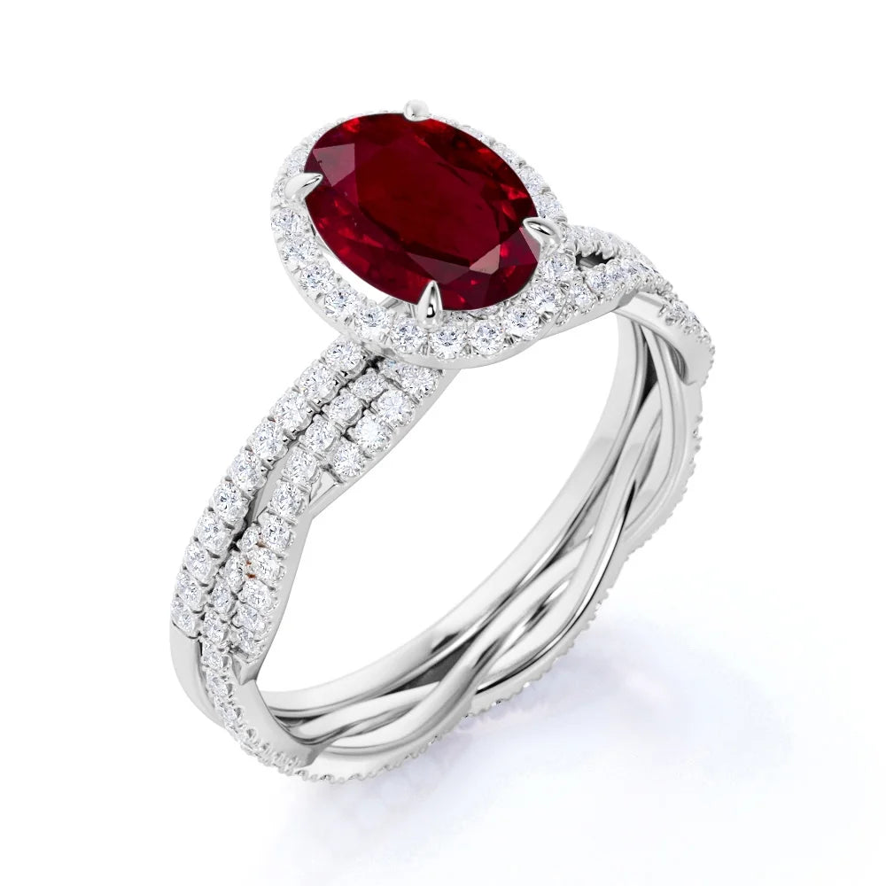1.75 Carat Oval Burmese Lab Created Ruby Bridal Ring Set - July Birthstone Ring - 18K White Gold over Silver