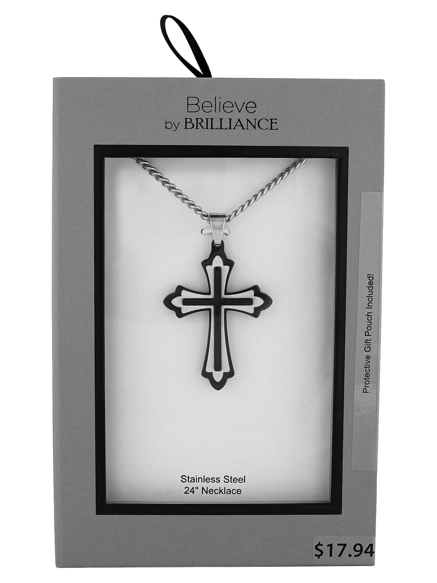 Men’S Stainless Steel Fleur De Lis Two Tone Cross Pendant Necklace Chain