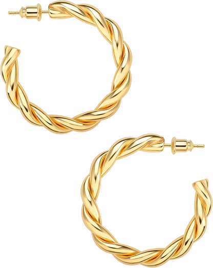 Gold Hoop Earrings, 14K Real Gold Plated Chunky Small Hoop Earrings for Women Lightweight Jewelry Gifts 14/20/30/35/45MM
