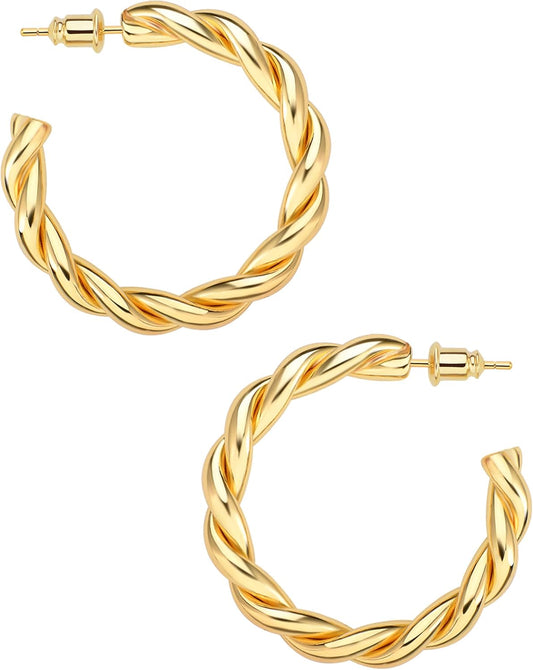 Gold Hoop Earrings, 14K Real Gold Plated Chunky Small Hoop Earrings for Women Lightweight Jewelry Gifts 14/20/30/35/45MM