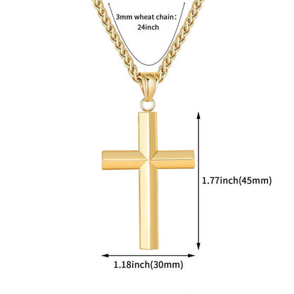 Beveled Edge Gold Cross Necklaces for Men Boys Stainless Steel Cross Pendant Chain Religious Christian Graduation Birthday Jewelry Gifts Ideas Dad Husband Son Teen Teenage Kids Age 24 Inch
