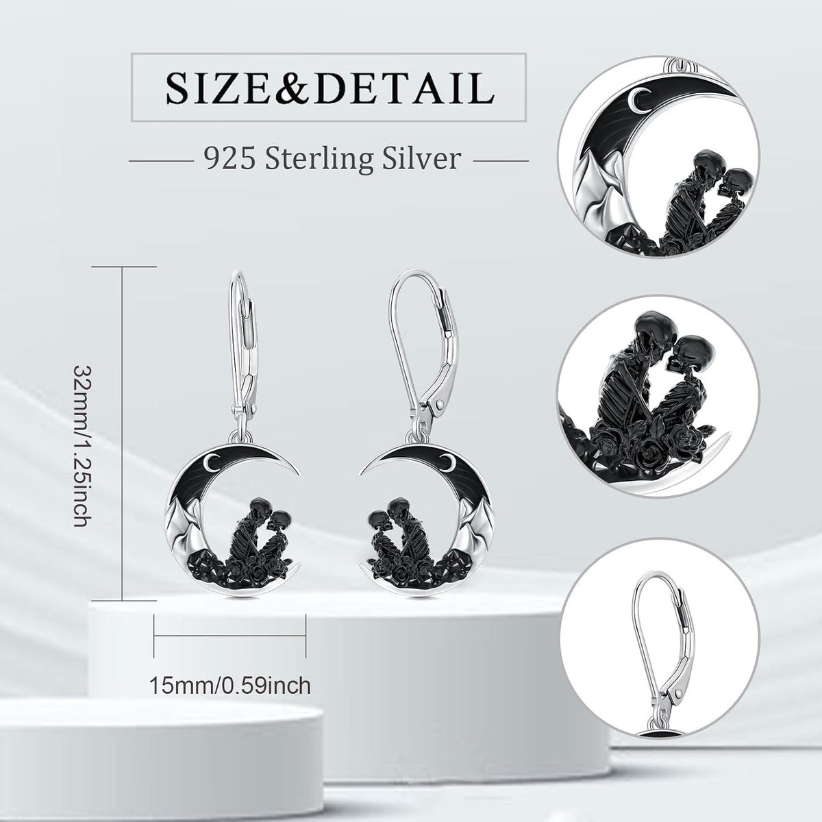 925 Sterling Silver Skeleton Couple Moon Dangle Earrings