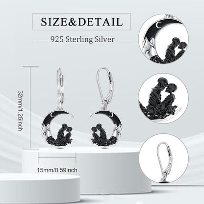 925 Sterling Silver Skeleton Couple Moon Dangle Earrings