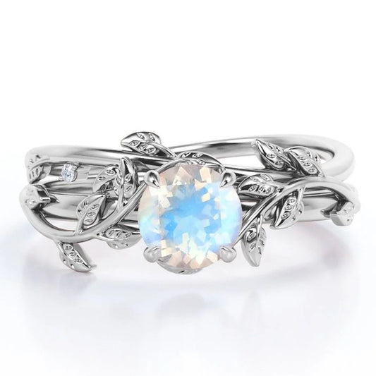 0.50 Carat round Faceted Blue Moonstone Wedding Set - Intricate Vintage Moonstone Ring - 18K White Gold over Silver