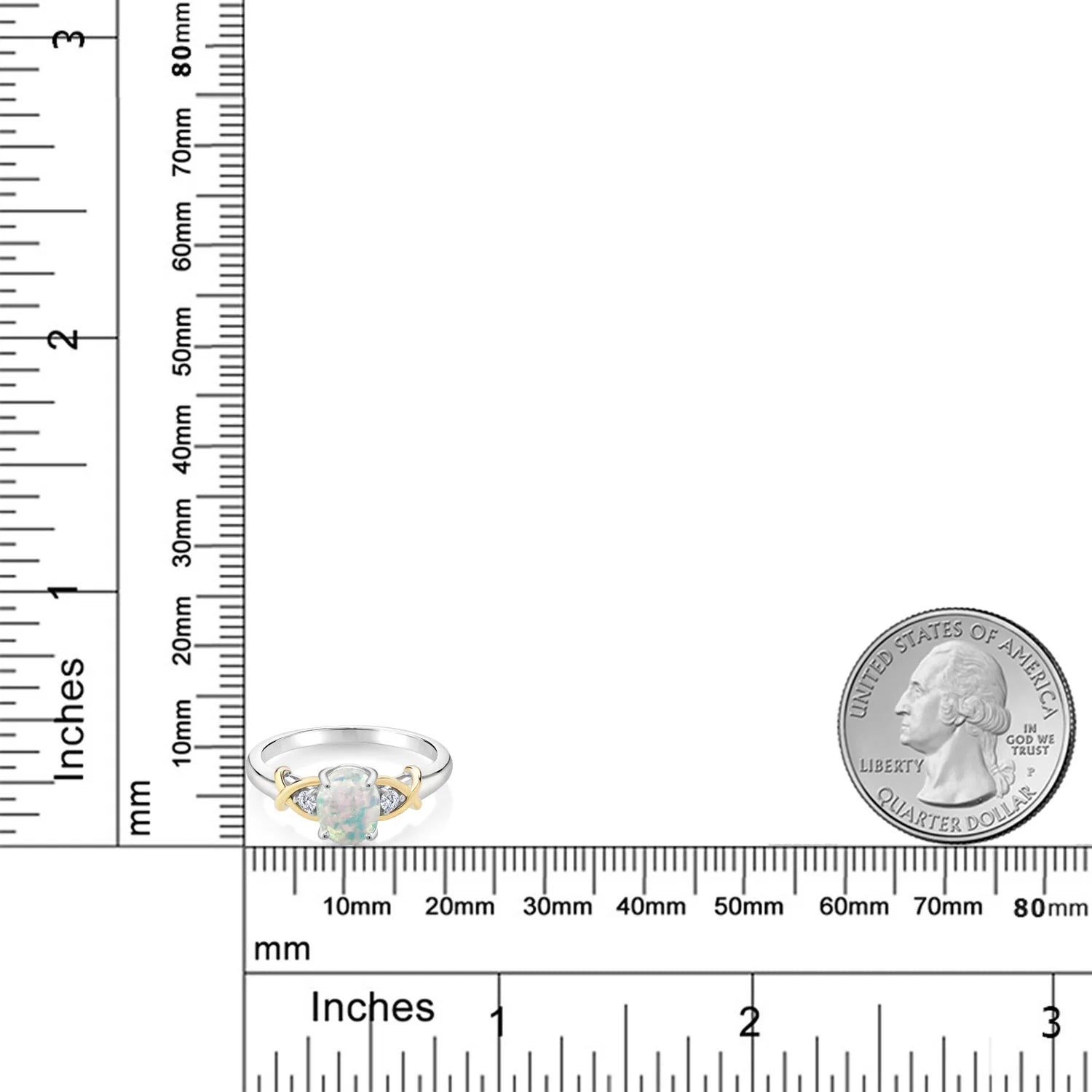 2 Tone 10K Yellow Gold and 925 Sterling Silver Oval Cabochon White Simulated Opal and Lab Grown Diamond Women Ring (1.08 Cttw, Available in Size 5,6,7,8,9)