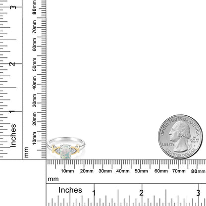 2 Tone 10K Yellow Gold and 925 Sterling Silver Oval Cabochon White Simulated Opal and Lab Grown Diamond Women Ring (1.08 Cttw, Available in Size 5,6,7,8,9)