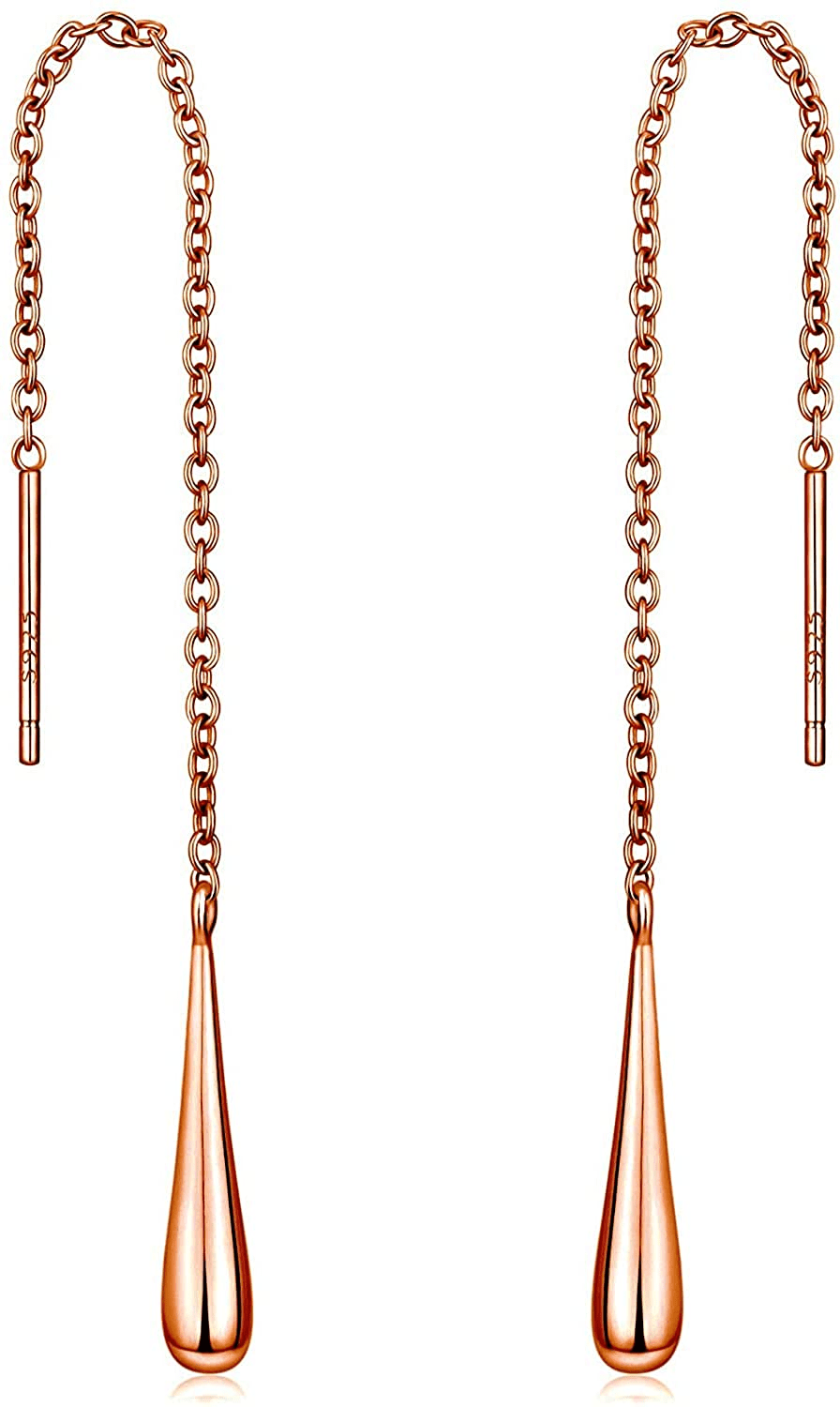 Teardrop 925 Sterling Silver 18K Gold Plated Long Chain Threader Dangle Drop Earrings for Women Comes in White Gold, Yellow Gold, & Rose Gold Colors Comes with  Gift Box
