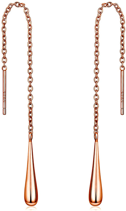 Teardrop 925 Sterling Silver 18K Gold Plated Long Chain Threader Dangle Drop Earrings for Women Comes in White Gold, Yellow Gold, & Rose Gold Colors Comes with  Gift Box