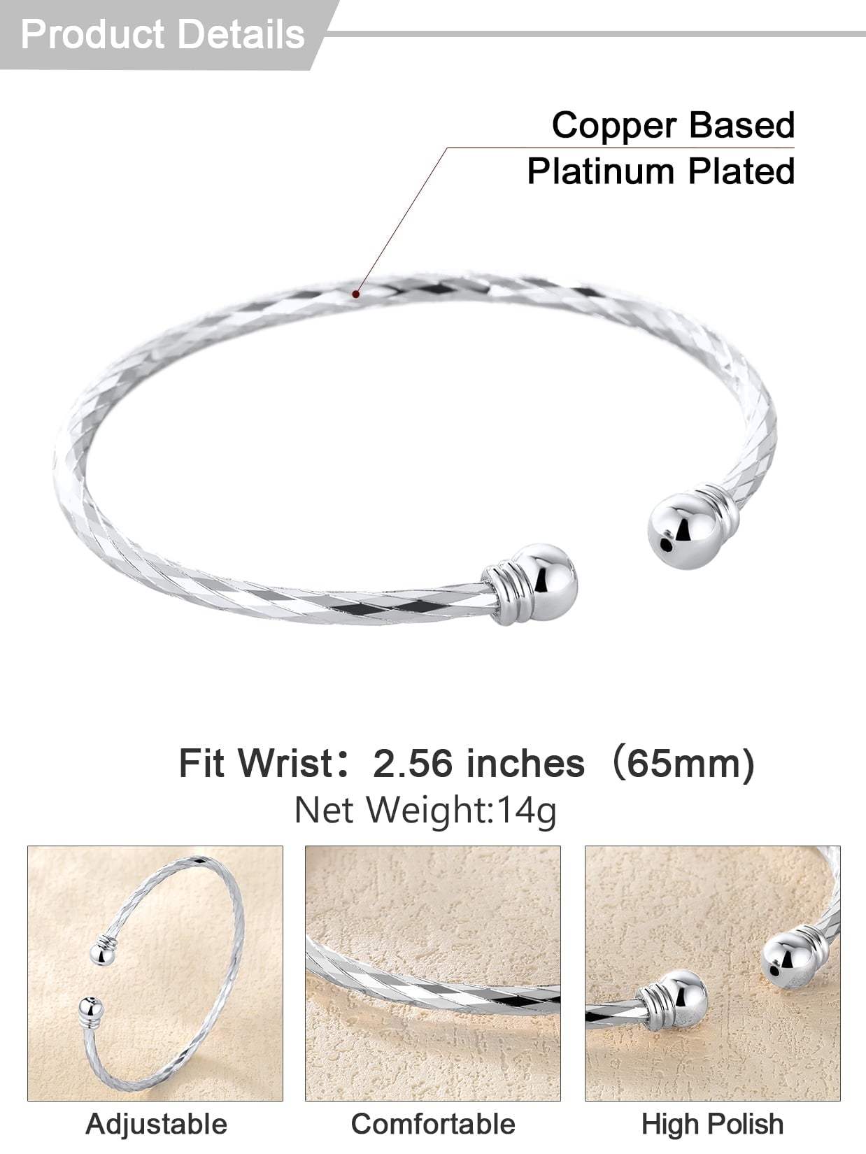 Women Twisted Silver Cuff Bangle Open Bracelet Fashion Bangle Adjustable Hand Braclet Solid Jewelry Birthday Gift