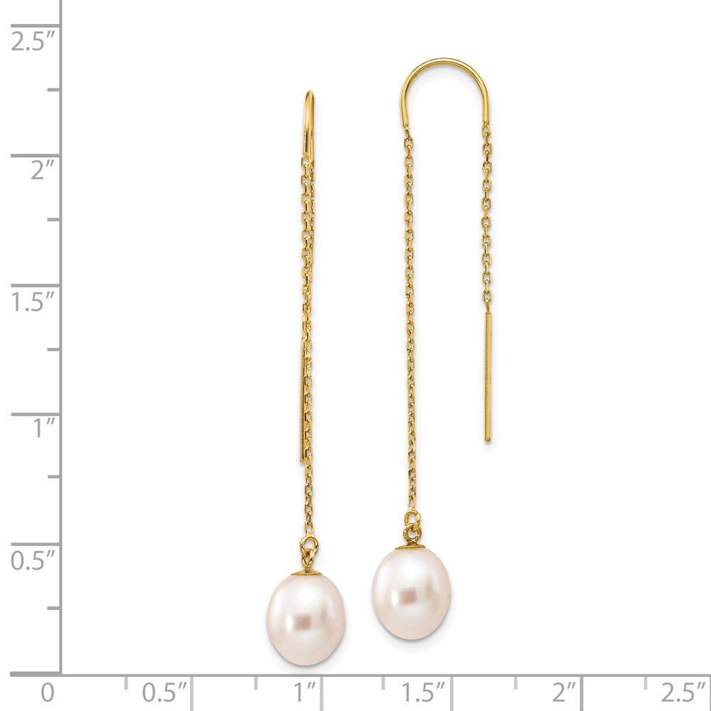 14K Yellow Gold 7-8 Mm White Rice Freshwater Cultured Pearl Dangle Threader Earrings