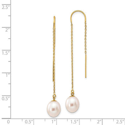 14K Yellow Gold 7-8 Mm White Rice Freshwater Cultured Pearl Dangle Threader Earrings
