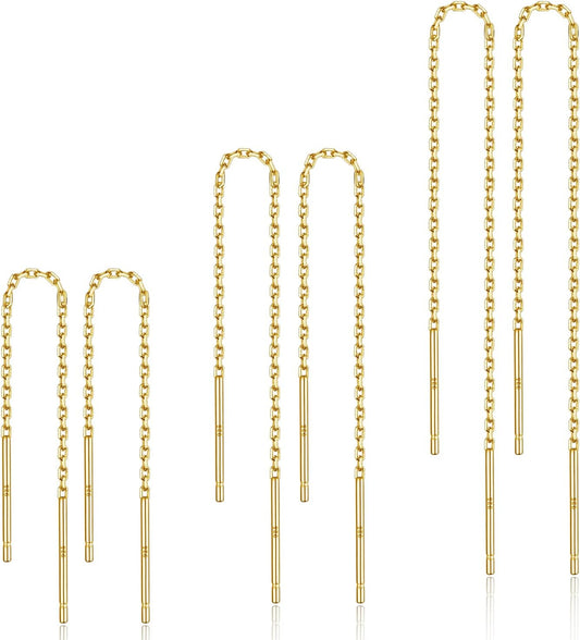 3 Pairs Threader Earrings 925 Sterling Silver Long Chain Earrings Bar/Ball Wrap Threader Drop Earrings for Women Lightweight Minimalist Mother'S Day Jewelry Set