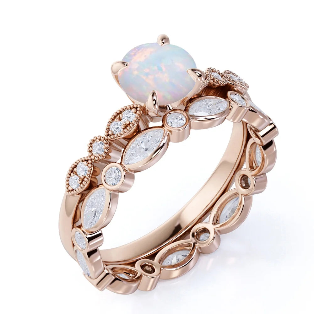 1.50 Ct Real round Blue Opal and Moissanite Engagement Ring Set in 18K Rose Gold over Silver