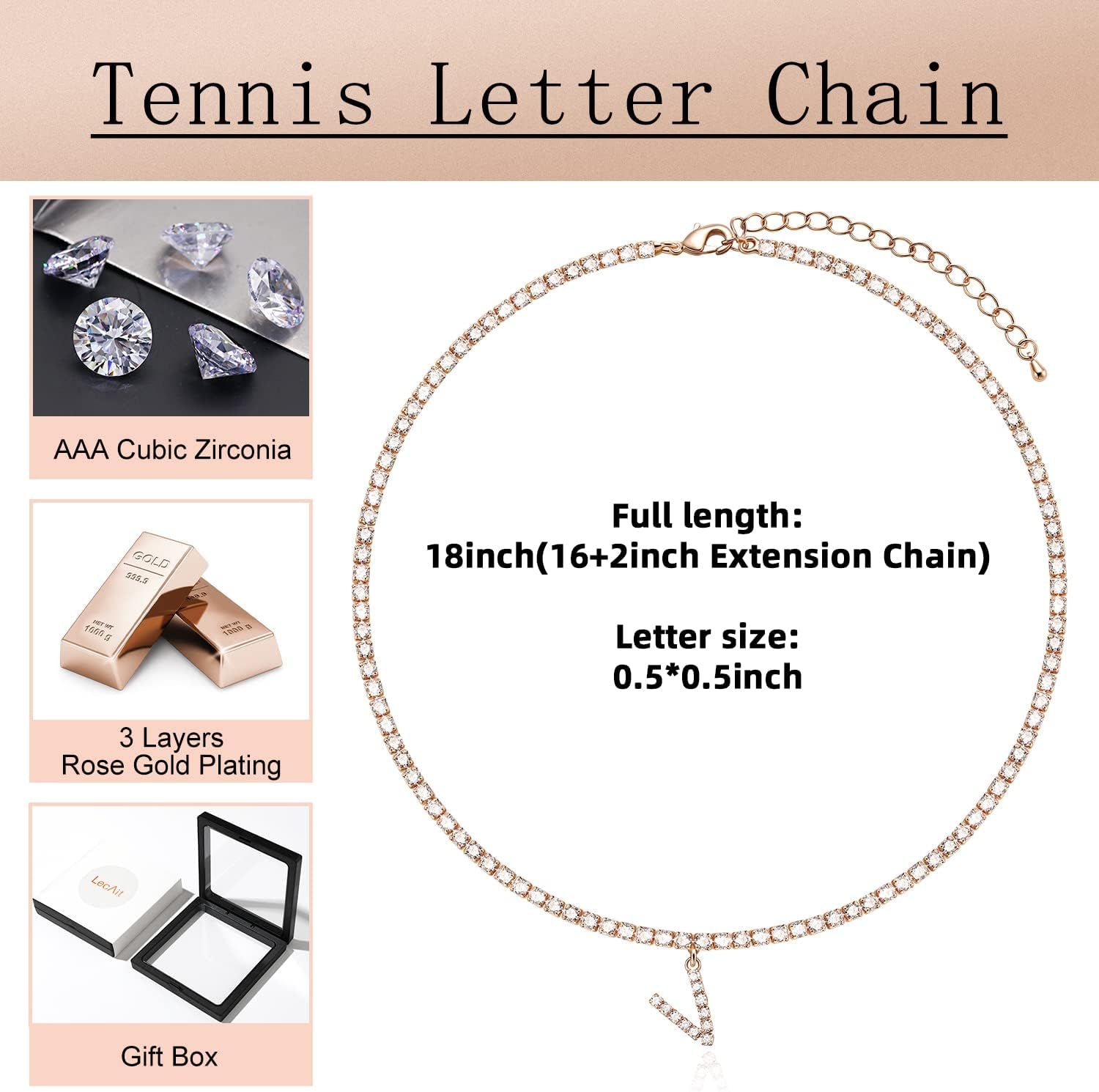 Letter Necklace 14K Gold Plated Tennis Chain Initial Choker Bling Iced CZ Diamond Necklace for Women