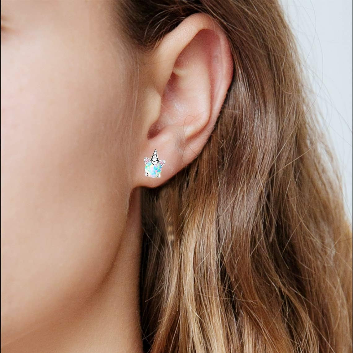 Unicorn Earrings for Girls, Hypoallergenic S925 Sterling Silver Earrings for Kids  Small Tiny Cute Fire Opal Stud Earrings Jewelry Gifts for Sensitive Ears Little Toddlers Teen Girl
